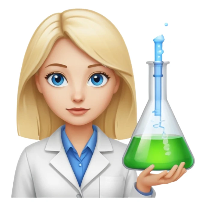 Blonde Female data scientist with blue eyes and an erlenmeyer flask sticker