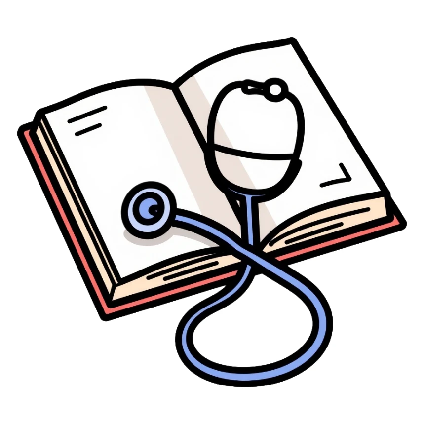 Medical textbook with stethoscope and anatomy diagram sticker