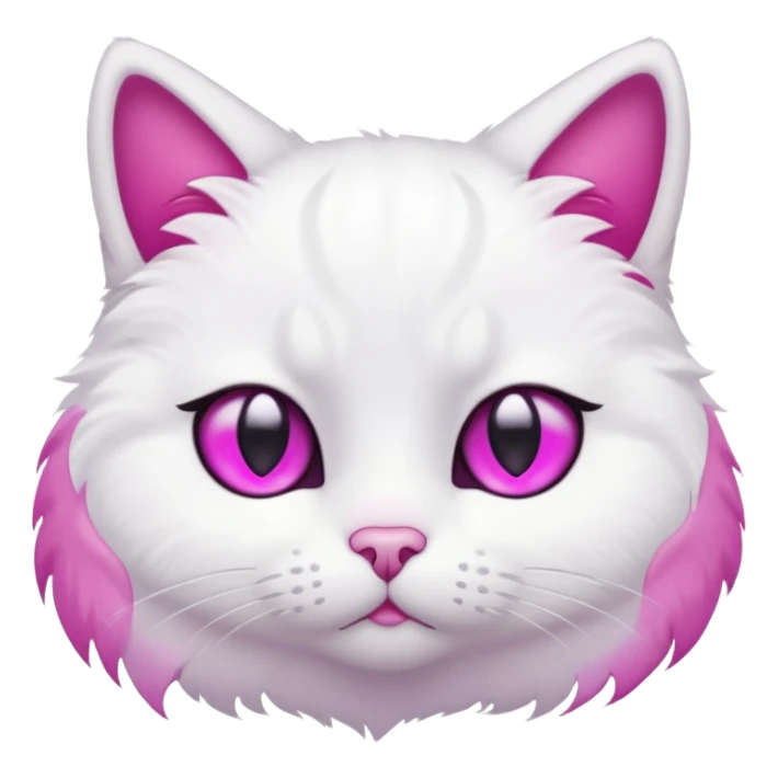 White cat, sad face, tear drop below one eye, magenta eyes, black background, cute cartoon style sticker