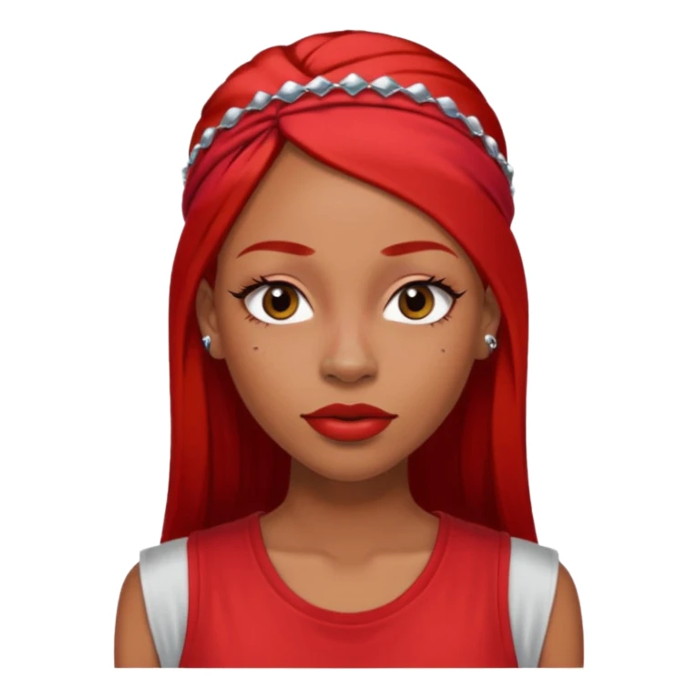 light-skinned black girl with very long eyelashes with long strait dark brown hair with edges wearing a red top with no sleeves. and a red accessory on her head with nose and mouth piercings and is a baddie and looks like a bad girl. sticker