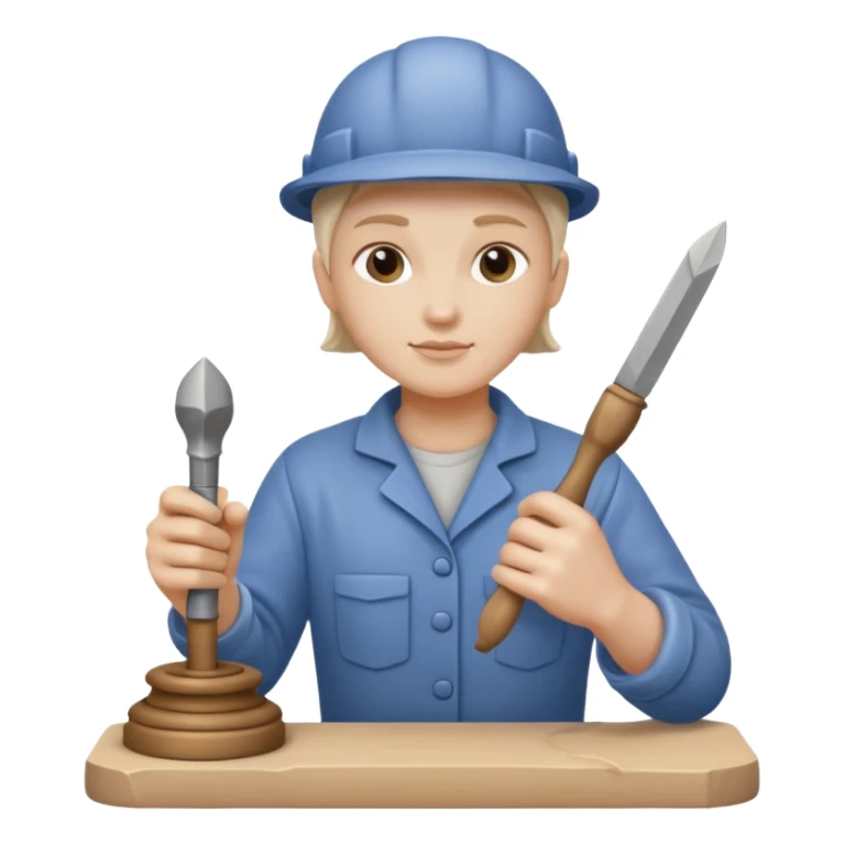 Apple Memoji-style 3D emoji of a sculptor with a small statue and chisel, smooth gradients, rounded edges, no background.during sculting sticker
