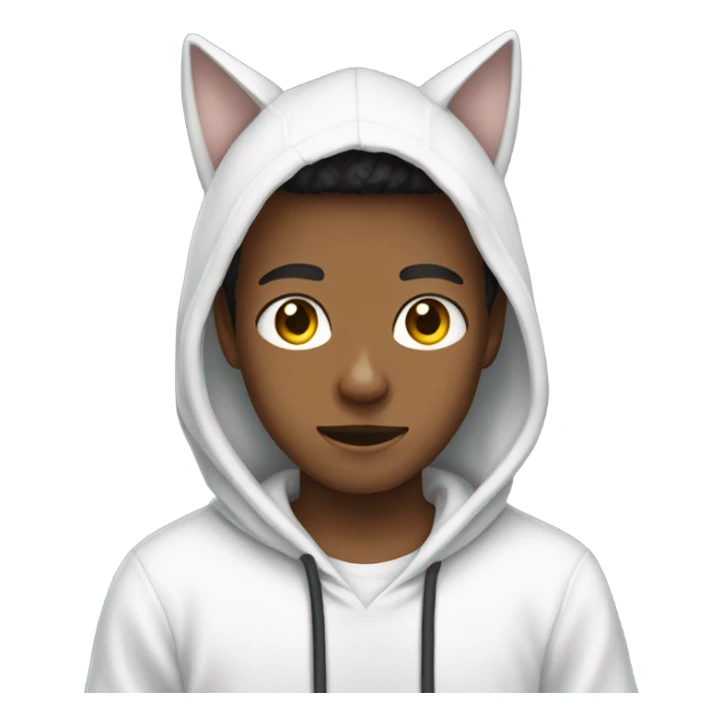 boy in white hoodie holding phone cat ears sticker