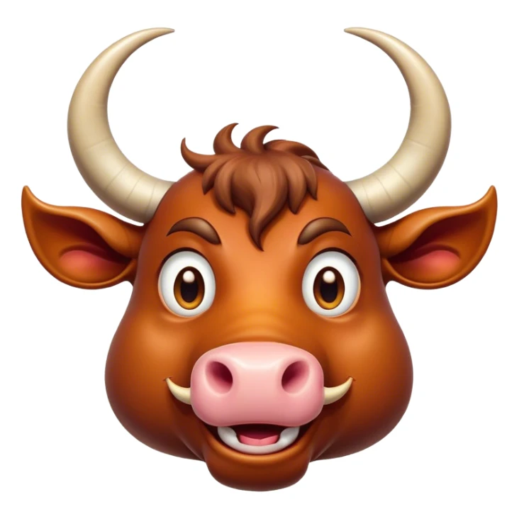 Cinematic Comical Domestic Ox Portrait Emoji, Head tilted dramatically with an exaggeratedly amused expression, featuring a striking, glossy hide with boldly curved horns and wide, expressive eyes brimming with playful disbelief, Simplified yet hilariously expressive features, highly detailed, glowing with a slightly sassy earthy glow, high shine, dramatic yet playful, stylized with an air of cheeky rural mischief, soft glowing outline, capturing the essence of a spirited and over-the-top ox that looks ready to charge its way into internet fame instantly! sticker