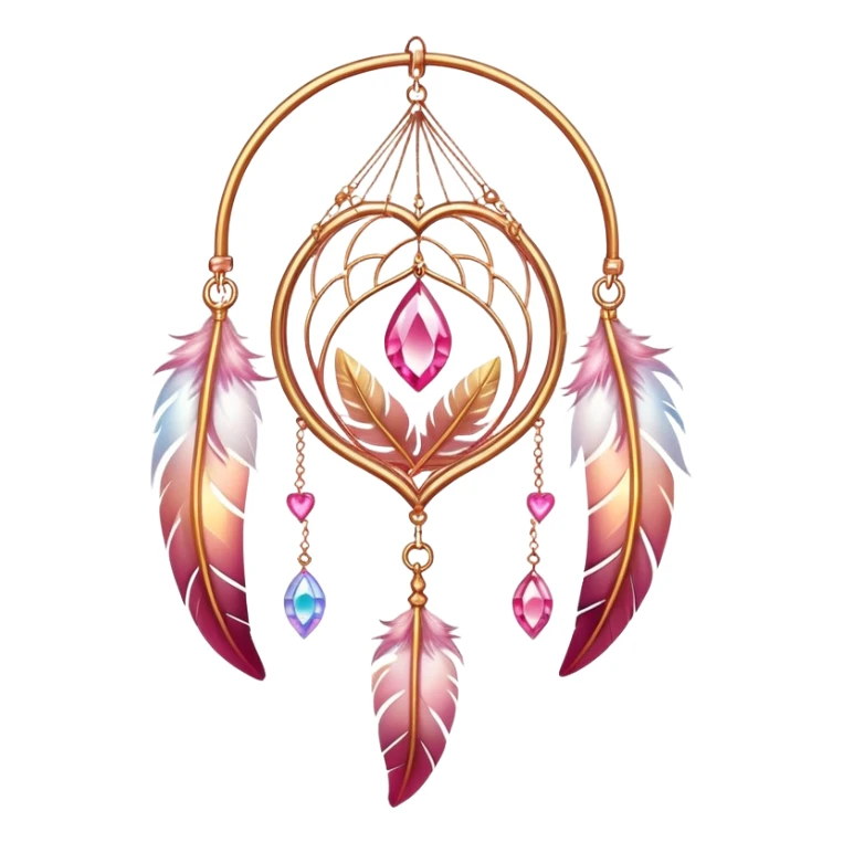 Reddish-pinkish and gold and white warm-colored romantic lush beautiful pretty hanging crystal-catcher aesthetic with hearts and sparkles and feathers sticker