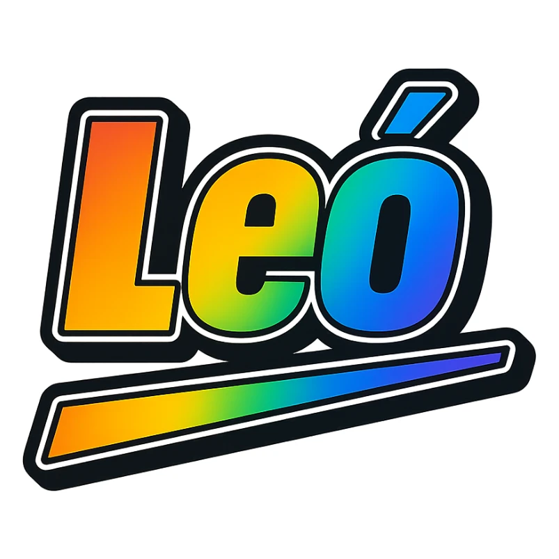 Leó name in modern gradient font with precise Hungarian characters, dark outline, extra bold, prominent white letter border, dynamic slanted underline, rainbow color gradient, 1000x1000 px, PNG, transparent background sticker