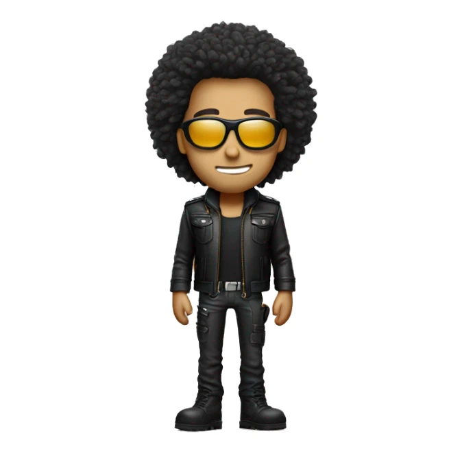 Big hair, slender face, eyes look like as he’s high, cool leather jacket with cargo pants and accessories sticker