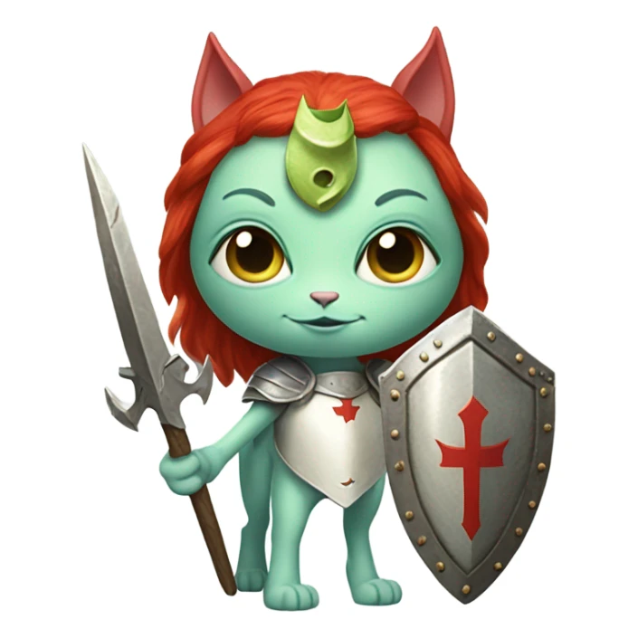 medieval shield: [politically incorrect, (
	{ female, alien, color: light green, hair:red, eyes:cat} ]
	on a 
	[{ unicorn: white, legged:four, mane: light blue }]) sticker