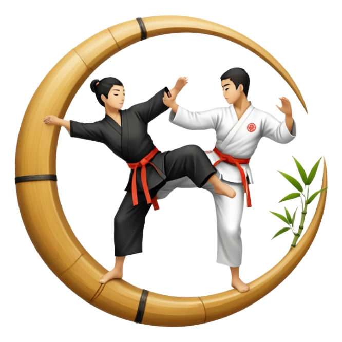 An icon symbolizing Eastern martial arts in the style of an emblem, featuring a black-and-white Yin-Yang symbol at the center. A martial artist is performing a fluid kick, surrounded by elements like a dojo and bamboo. Transparent background highlights balance and harmony. sticker
