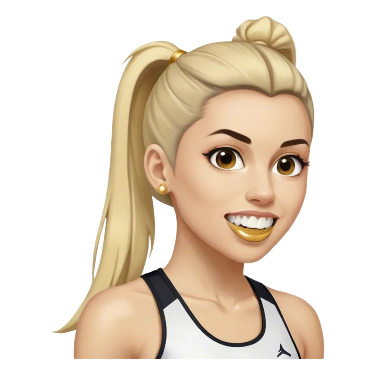 Melanie chisholm with a high ponytail wearing athletic attire and a gold tooth sticker