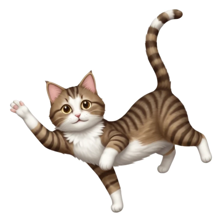 dark brown tabby and white cat with doing a big extremely long stretch reaching up into the air with arms and legs side by side together straight and overextended whilst lying on its side sticker