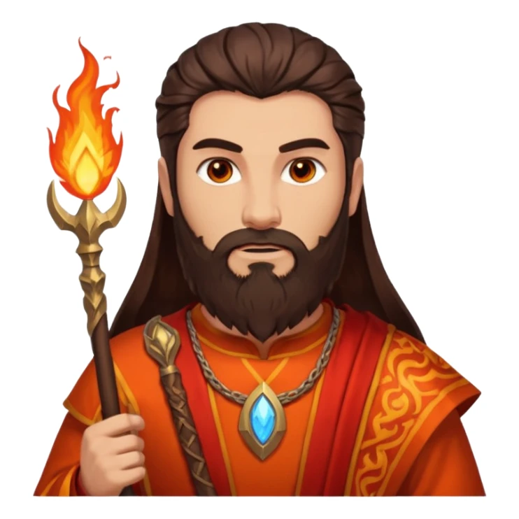 Vulcan, Fire God from Rome Mythology with long dark brown hair and beard, orange and red outfit, light tan skin sticker