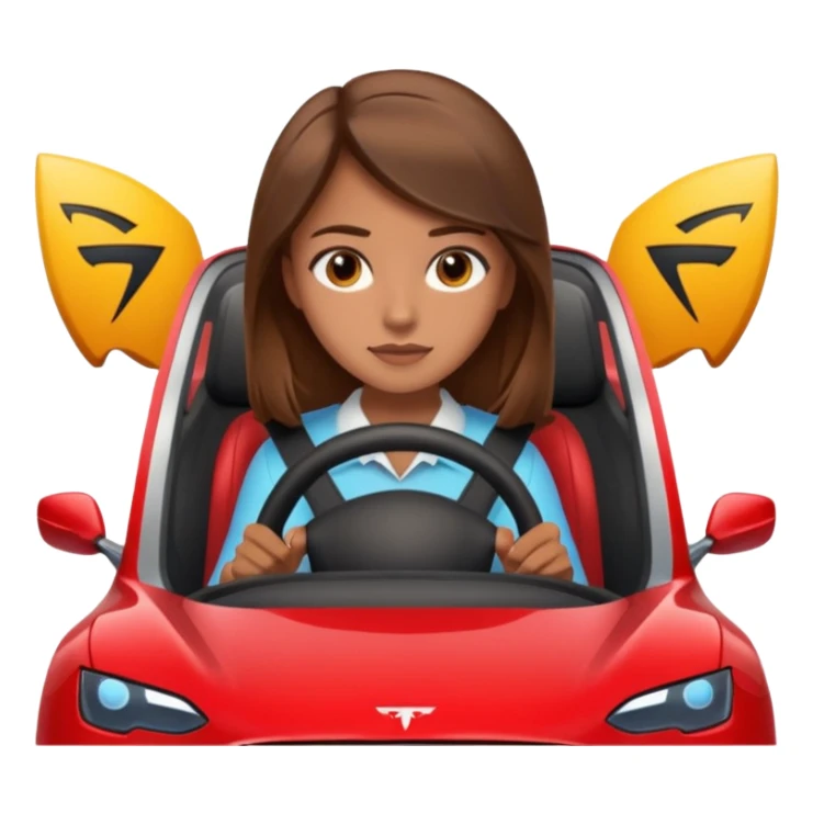 A girl driving a Tesla with brown hair sticker