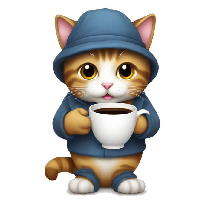 A cat with bonnet holding a cup of coffee sticker