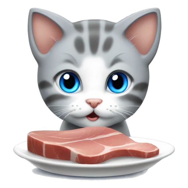 blue eyes grey kitten eat plate meat sticker