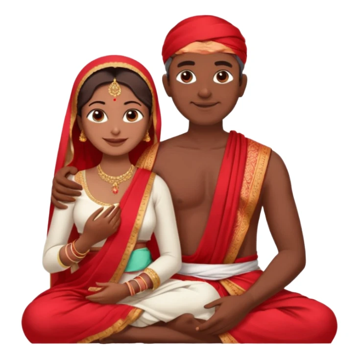 an indian bride sitting on her fathers lap. father is wearing a dhoti, shirtless and sitting on a chai sticker