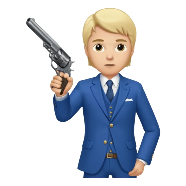 A blond man in a blue suit with a Colt pointing forward. sticker
