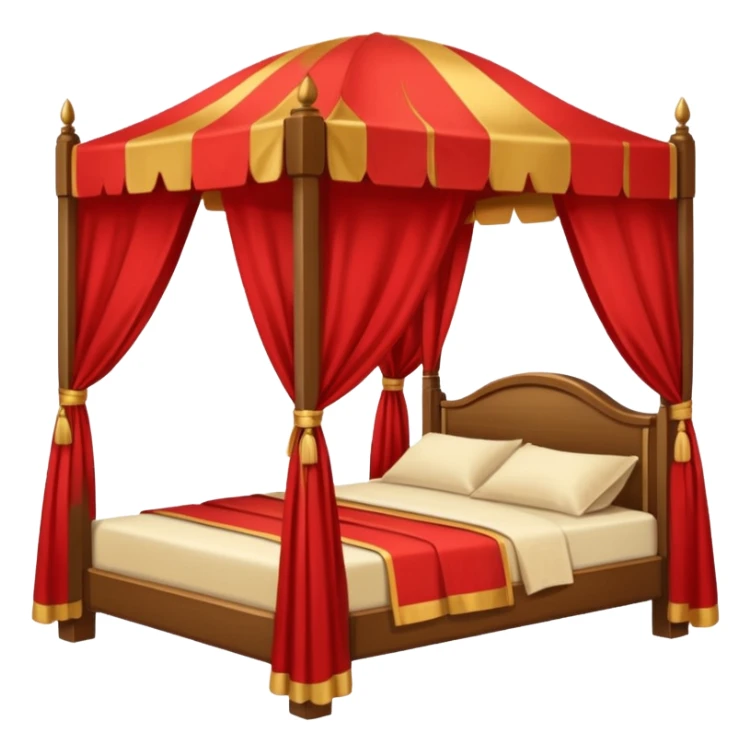 bed with red and gold sheets, wooden, canopy, simple sticker