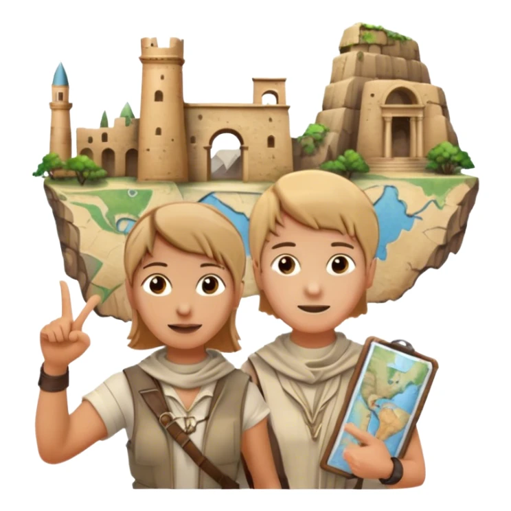 Icon for Documentary Film (TV style): A traveler pointing backward and narrating in front of ancient ruins. Include elements like historical landmarks, maps, and exploration tools to evoke a sense of adventure. Transparent background. sticker