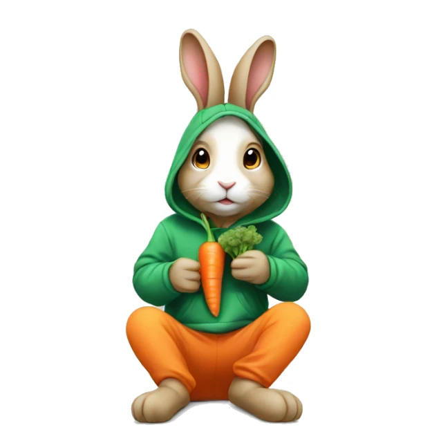 a rabbit wearing a hoodie and eating carrot sticker
