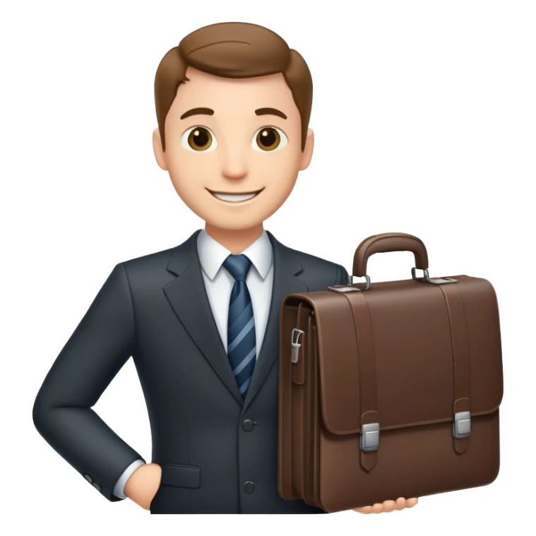 classic salesman with a suit and tie, smiling, holding a briefcase sticker