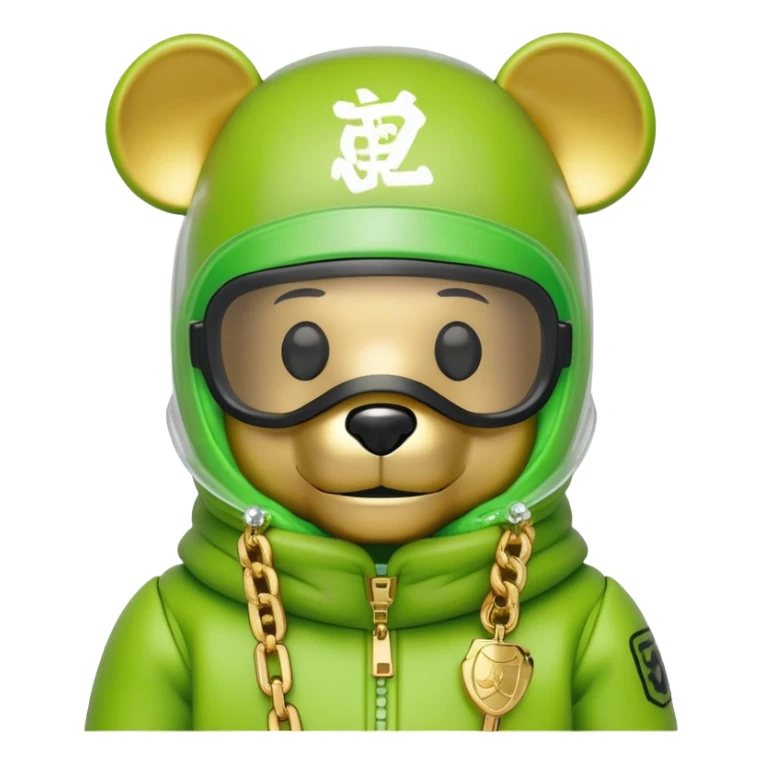 bearbrick wearing lime balaclava with graffiti logos where eye area is replaced by one continuous shield visor lens that's part of the mask, not separate eyewear, puffy coat with fur trim, gold chains sticker