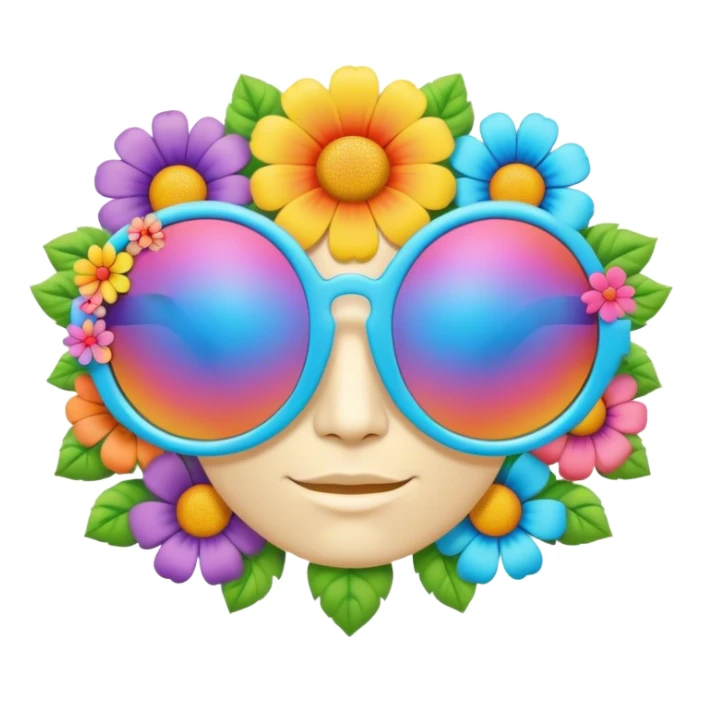 3D, psychedelic colored hippie sunglasses with hippie style flower border sticker