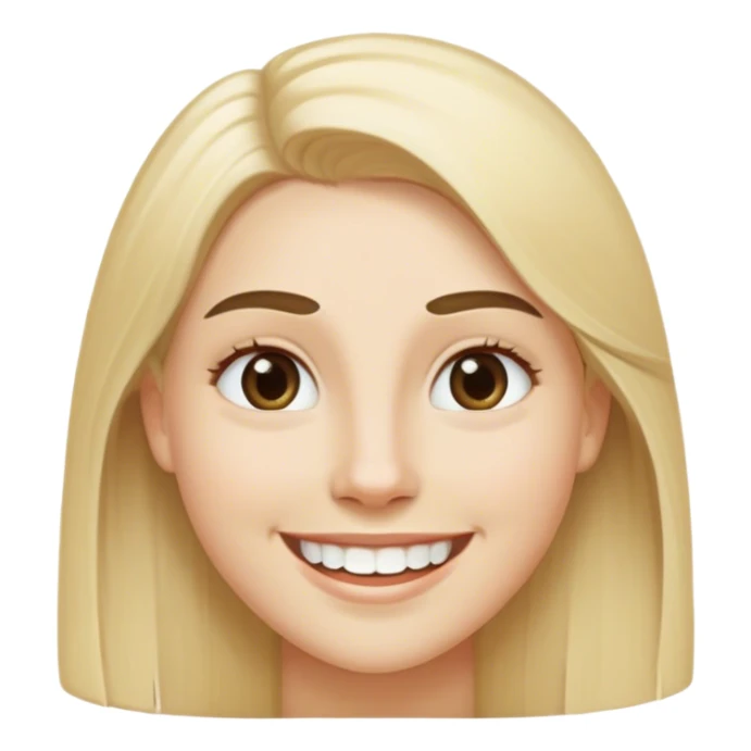 Hair: Long, straight, light blonde with darker undertones Eyes: Light-colored (possibly blue or hazel) Eyebrows: Well-defined and slightly arched Facial Shape: Oval with soft features Skin Tone: Fair/light complexion Expression: Big smile showing teeth, creating a happy and friendly look sticker