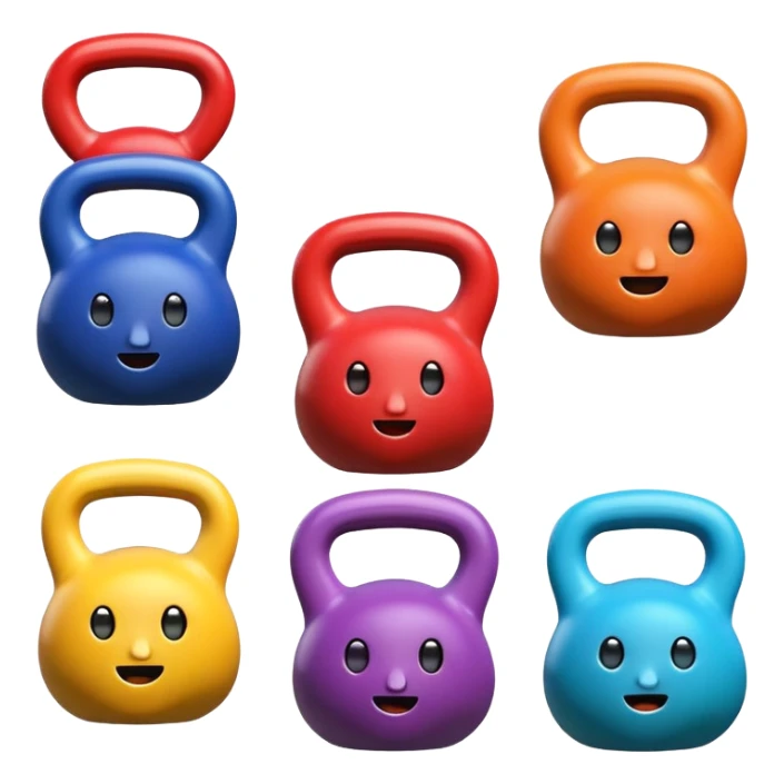 6 colorful cartoon kettlebells with faces, arms, legs, white background. sticker