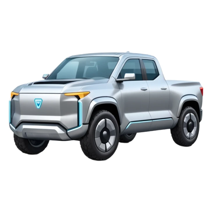 A futuristic electric pickup truck emoji, silver chrome body, angular cyber design, smooth metallic panels, subtle reflections, minimalistic proportions, iOS emoji style, centered composition, clean white background, soft lighting sticker