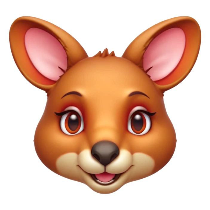 Cinematic Cute Kangaroo Portrait Emoji, Head tilted playfully and inquisitively, featuring a glossy red-orange fur with soft, rounded ears and round, sparkling amber eyes full of curious mischief, Simplified yet irresistibly adorable features, highly detailed, glowing with a warm, friendly glow, high shine, affectionate and bouncy, stylized with a touch of outback whimsy, bright and endearing, soft glowing outline, capturing the essence of a mischievous yet loving kangaroo, so playful it feels like it could hop out of the screen and into your arms! sticker