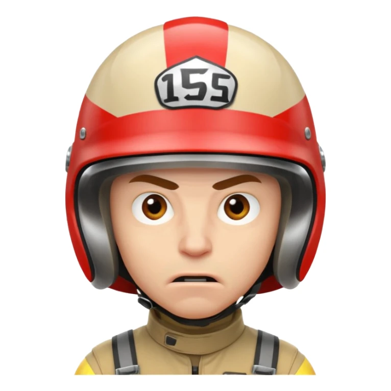 white male racer in helmet, crazy look, taking risks, very serious face, angry sticker