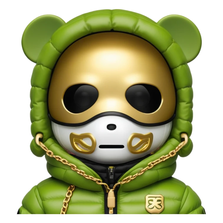 bearbrick in lime balaclava with logos where eye section is a single continuous dark visor lens integrated directly into the mask fabric, not additional eyewear, luxury puffy jacket with fur, gold chains sticker