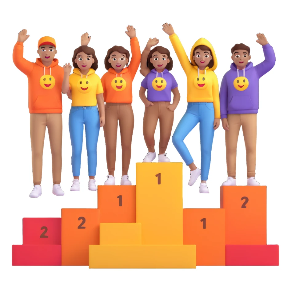 multi-racial men and women standing on a brown winners’ podium with the middle podium position elevated, no numbers on the podium, each person casually dressed in fun colorful jeans, t-shirts, and hoodies, excited fun expressive 3D emoji style sticker