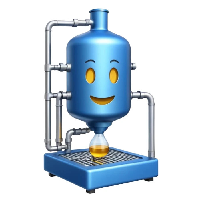 industrial 100L biofermentor, metallic with blue interior, emoji style sticker