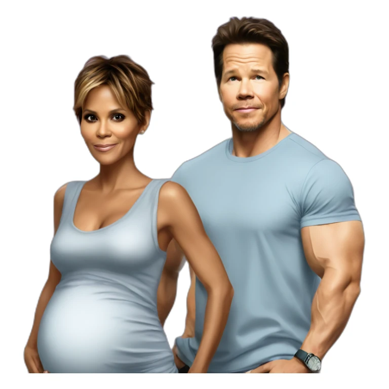 Halle berry standing next to mark Wahlberg both are pregnant sticker