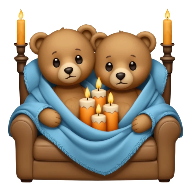 Two teddy bears cuddling wrapped in a blanket watching tv on couch with candles next to them sticker
