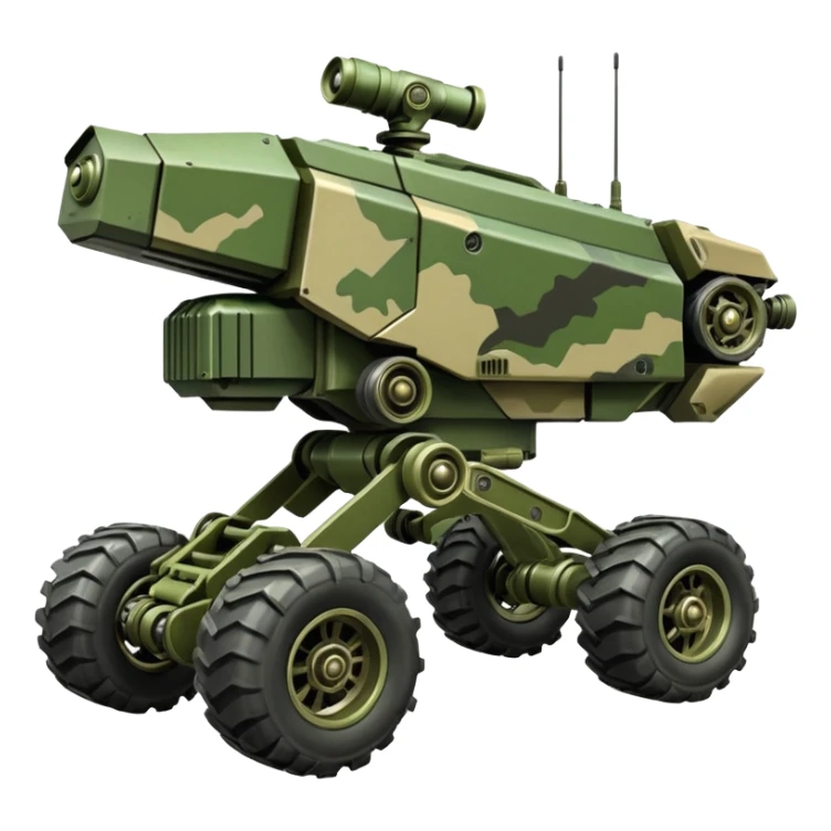 a 4-wheel armored camouflage army massive mech trail vehicle shooting forward side-hill leaning actively suspended pod gimbal enemy mech off-road racing rover with large fast engine  sticker