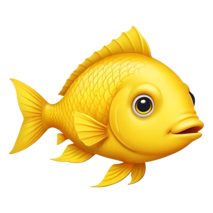 bright yellow fish in strict side view profile, facing exactly to the right, only one side visible, single eye, perfectly flat 2D representation, dopey stupid expression sticker