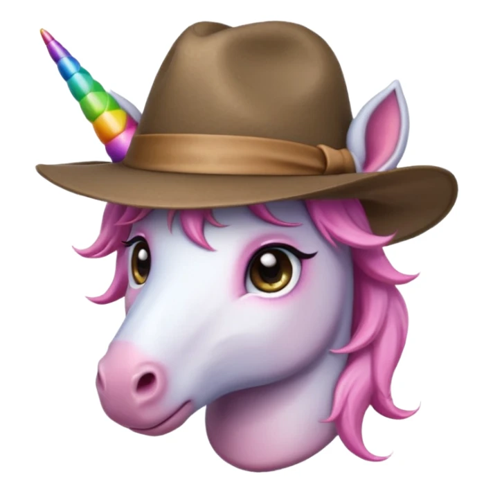 unicorn face cute wearing fedora, horn piercing through the hat looking in the camera sticker