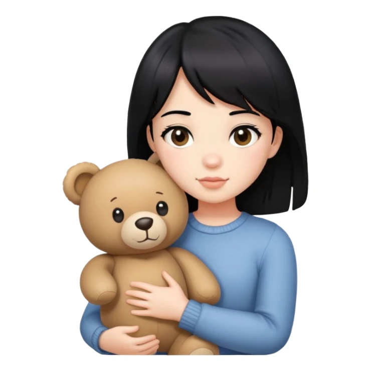 girl with black hair and side bangs holding a teddy bear sticker