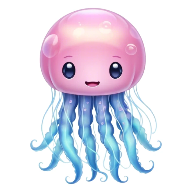 Cinematic floating kawaii jellyfish, tiny round body, soft glowing tentacles, pastel pink and blue hues, delicate sparkling highlights, dreamy and adorable. sticker