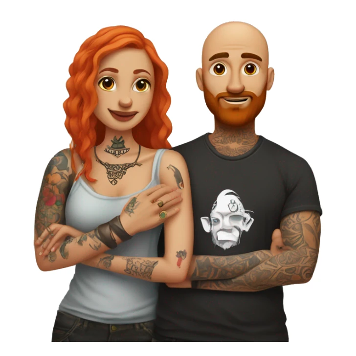 Indian Beard guy with bald head and tattoos only on left hand hugging a ginger hair Croatian girl with septum ring and tattoos on right hand  sticker