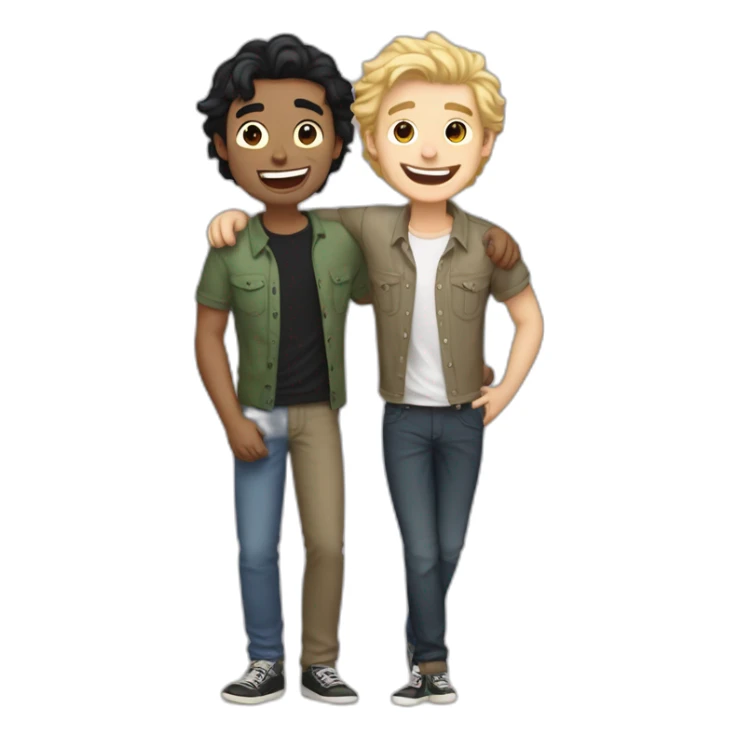 Gay couple, 1 guy Latino black straight hair and 1 Australian white guy with blonde slightly curly hair laughing full body and a cat as a pet sticker