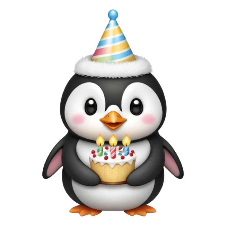 cute penguin with birthday hat hold a birthday cake in both arms sticker