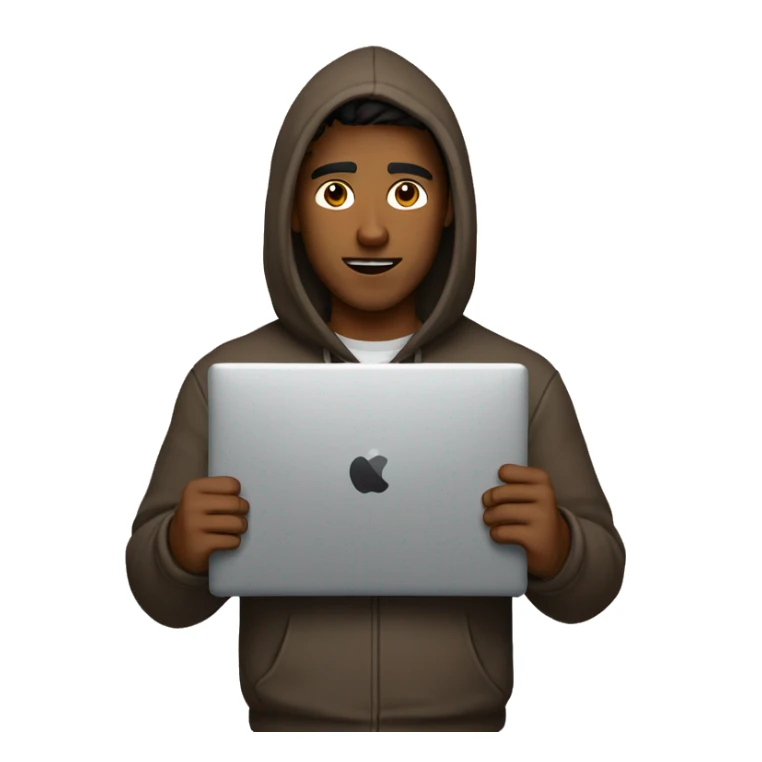 Brown guy wearing a hoodie with a specifically a wolf cut holding a laptop sticker