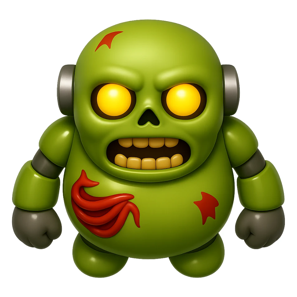 Create a top-down view of the front side of a fat zombie robot terminator character in the style of Apple emojis with a glossy, smooth finish and no background. The style should be shiny and polished like Apple emojis but with no background. sticker