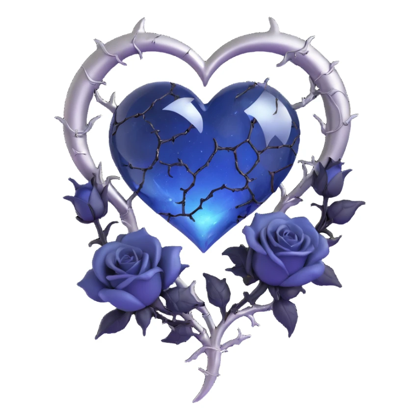 gothic heart, midnight blue glass, silver crescent moon, black roses, stardust, lightning, rain, cracked glass, cyberpunk style sticker