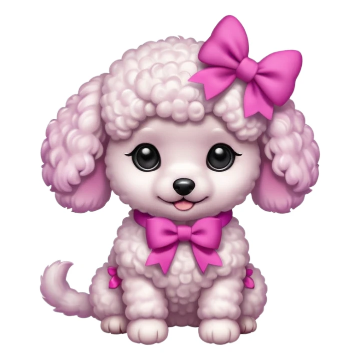 Two white toy poodle–style dogs, fluffy curly fur, round faces, black button eyes. Hot-pink paws, purple-dyed ear tips. One taller dog standing upright wearing a large pastel pink bow, one smaller round dog sitting. Cute plush emoji style. sticker
