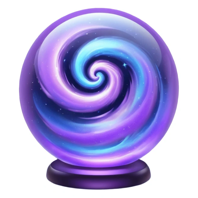 a glass sphere filled with swirling purple and blue dust, glowing, 3d sticker