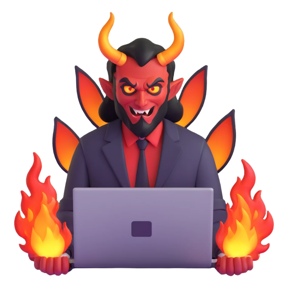 sinister demon salesman with laptop and fire effects sticker